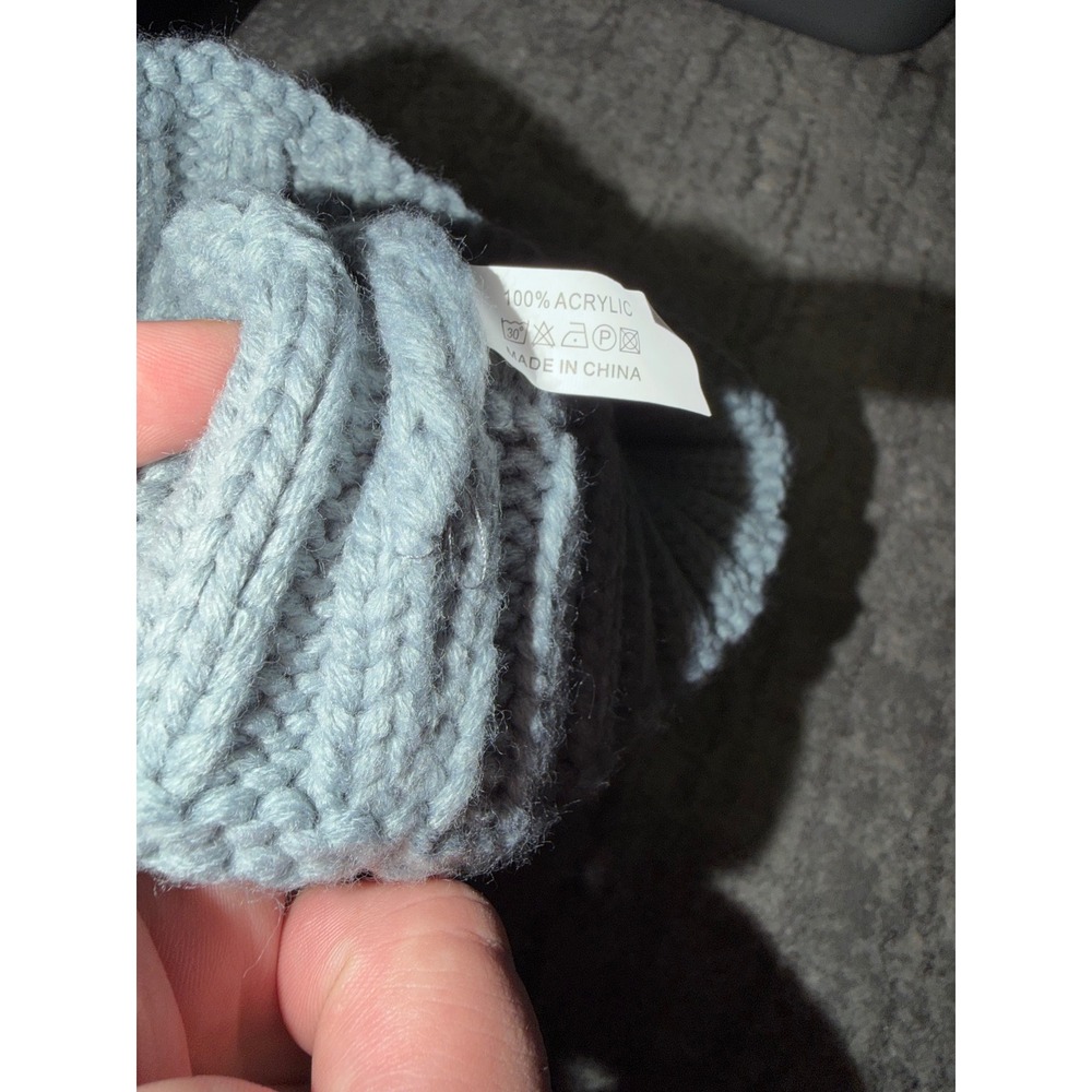 Faux Fur Pom Pom Cable Knit Beanie Hat – Gray Blue, Cuffed, Winter - Picture 3 of 3